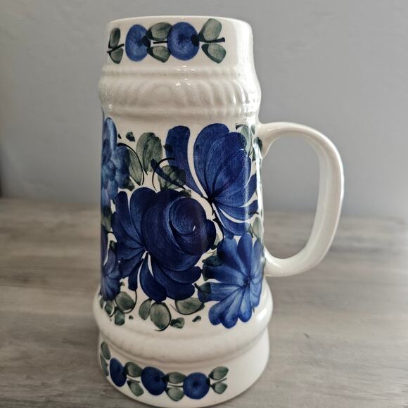 Vintage Hand Made Poland Mug Stein Hand Painted Blue White Floral Cottage Polish - Picture 5 of 12